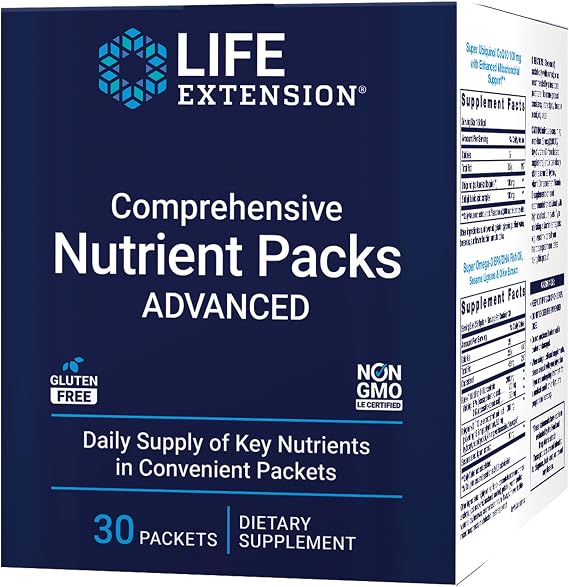 Life Extension Comprehensive Nutrient Packs Advanced, Curcumin, Fish Oil, multivitamin, CoQ10, multis and Supplements, 30 on-the-go Packets, Gluten-Free, Non-GMO