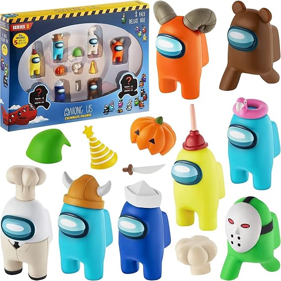 Crewmate Figures | 8 Collectibles in 1 Box | Merch Incl. The Peeled and The Clogged | 2 Hidden Impostors | Mini Toys with 5 Addl Hats