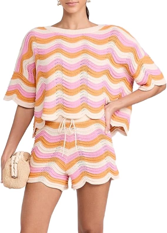 VOIKERDR Two Piece Sets for Women Summer Outfits Stripe Shirt and Shorts Crochet Two Piece Outfits Vacation