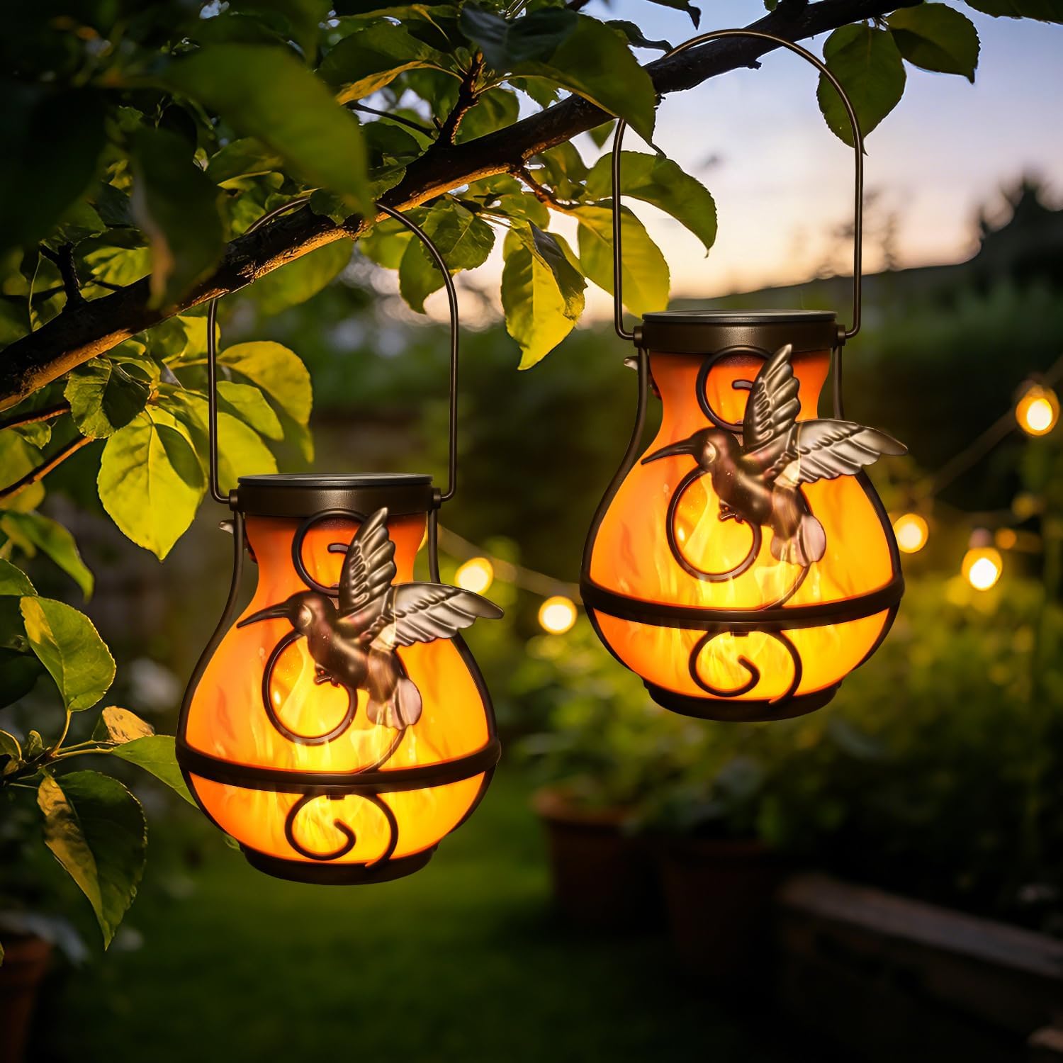 2 Pack Solar Lights Outdoor Garden, Dancing Flame Outdoor Solar Hanging Lantern with Realistic Flickering Flame, LED Waterproof Garden Ornament for Outside, Patio, Table, Halloween Decor [Energy Class G]