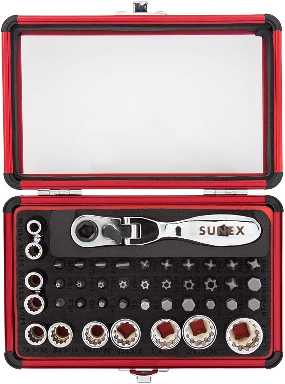 SUNEX TOOLS 9732 44Pc 1/4" Dr Mini Dual Flex Head RATCHET W Socket & Bit Set