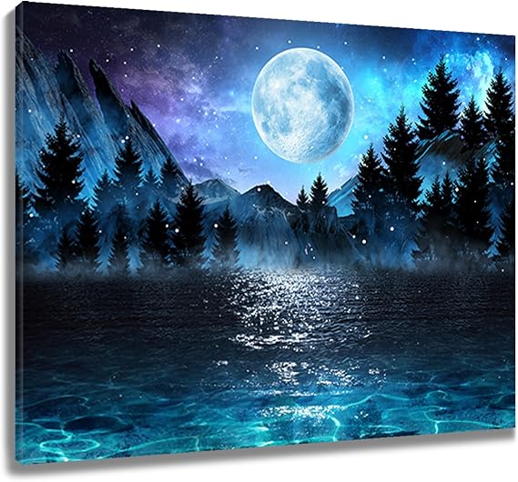 LB Full Moon Over Ocean Wall Art Blue Galaxy and Nature Mountain Tree in Forest Canvas Wall Art Fantasy Night Sky Framed Wall Decor for Bathroom Living Room Bedroom Ready to Hanging 16x12 Inch