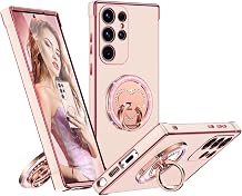 Silverback for Samsung Galaxy S23 Ultra Case with Mirror Stand, Heart Ring Holder, Glitter Protective Phone Cover for Women Girls, Pink