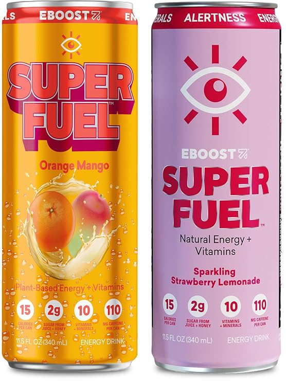 EBOOST Super Fuel y Energy Drink Orange Mango and Strawberry Lemonade Bundle 12 Pack Each Focus Productivity 110 mg Caffeine Nootropics Electrolytes No Sucralose Taurine Artificial Flavors
