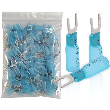 100pcs 16-14 AWG Marine Grade Heat Shrink Fork Connectors, #10 Tinned Copper Heat Shrink Fork Terminals, Insulated Electrical Spade Crimp Fork Wire Connectors (Blue AWG16-14)