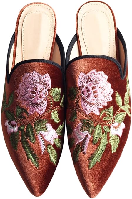 Fericzot Women's Velvet Backless Pointed Toe Slip On Loafers Flats Embroidery Mule Slippers Shoes