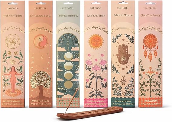Carnatia Incense Sticks 6 Pack Set with JRose Wooden Burner – Patchouli Mandala, Sacred Palo Santo, Pearl Lavender, Lotus Blossom, Mirra Mystique, Iris Illusion – 120 Sticks