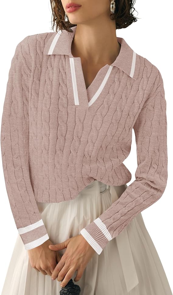 Micoson Womens Fall Long Sleeve Sweaters Lapel V Neck Cable Knitted Pullover Casual Soft Jumper Top