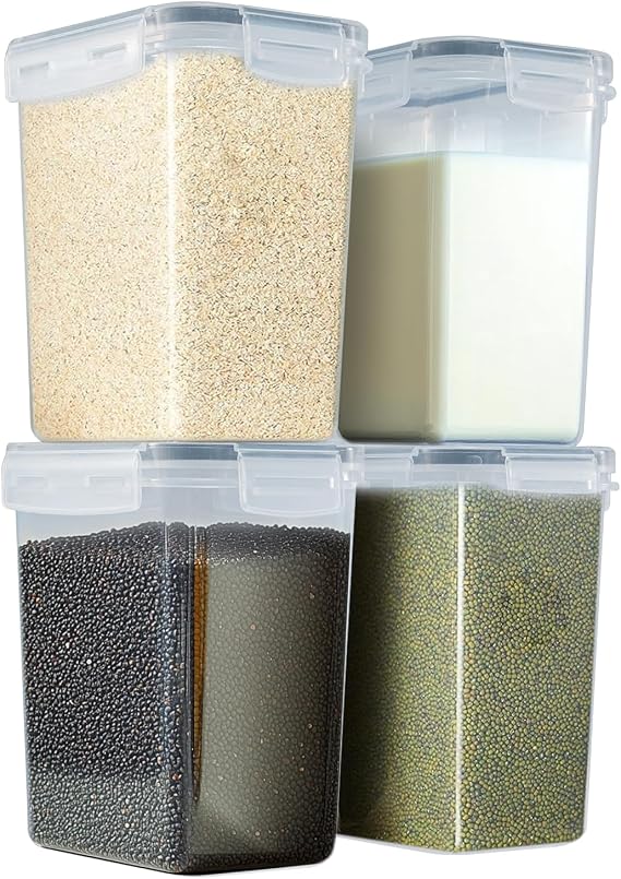 Cereal Storage Container Sets Airtight Dry Food Dispenser Containers Stackable Kitchen Storage Boxes Plastic Pantry Organization with Lock Lids Leakproof for Flour Sugar Pasta (4pcs, 1.4L)