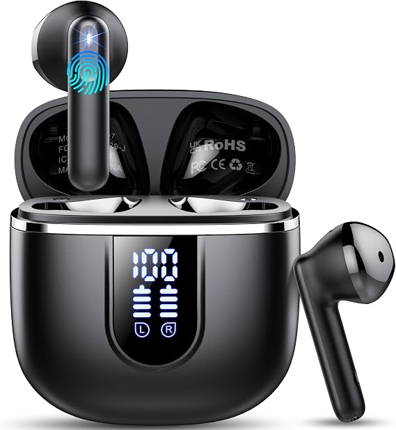 Wireless Earbuds, 2026 Bluetooth 5.4 Headphones with 3D Bass Stereo, 40H Ultralight in-Ear Buds, Bluetooth Earbuds with 4 ENC Noise Cancelling Mic, USB-C LED, IP7 Waterproof Earphones for Android iOS