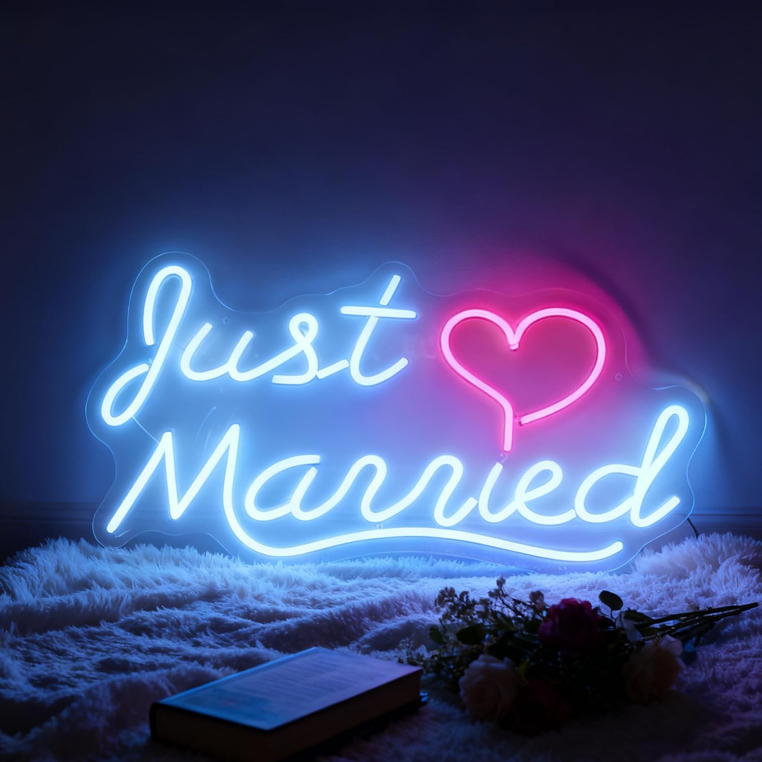 Valentines Day Decorations, Just Married LED Neon Sign, Romantic Wedding Reception Bridal Shower Newlywed Party Backdrop Wall Table Decor, USB Powered Dimmable Neon Light 15.7 x 8.3 In