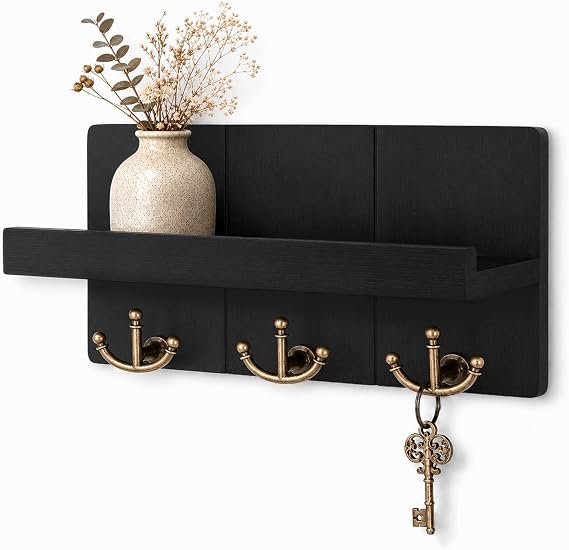 Rebee Vision Key Holder Wall Mount with 3 Hooks for Entryway, Modern Black | Key Holder for Wall, Floating Shelf, Plant Display, Mail Organizer, Rustic Key Hanger, Decorative Storage, Home Decor Accent