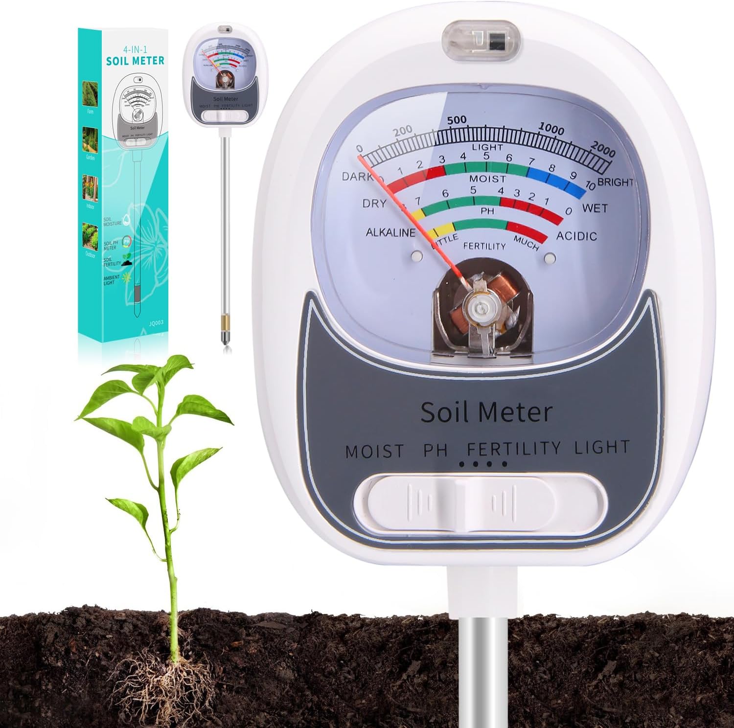 4-in-1 Soil Test Kit, Soil Moisture Meter for Fertility, Light, Moisture, PH, Soil pH Meter, Soil Tester, Moisture Meter for House Plants, Garden, Lawn, Farm, Indoor & Outdoor UsePure White