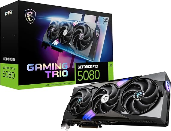MSI GeForce RTX 5080 16G GAMING TRIO OC Graphics Card - RTX 5080 GPU, 16GB GDDR7 (30Gbps/256-bit), PCIe 5.0 - TRI FROZR 4 (3 x STORMFORCE Fan), Gaming & Silent mode, RGB - HDMI 2.1b, DisplayPort 2.1b