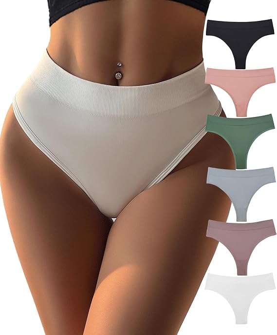 Womens Underwear High Waisted Thongs 6 Pack Seamless No Show Tangas Soft High Cut Undies Breathable Thong Panties