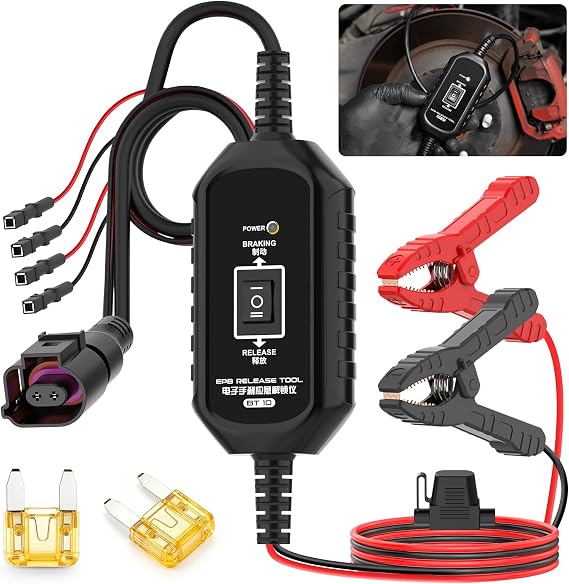 EPB Emergency Release Tool, 2 Connect Ways&3 Fuse Dual-Channel Control, Over-Current & Reverse Polarity Protection Electronic Parking Brake Tool for Most Gasoline Hybrid EV Repair Road Rescue