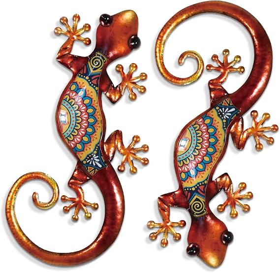 LIFFY Lizard Metal Wall Art Decor - 2 Pack 15 Inch Metal Wall Decor, Lizard Outdoor Hanging Glass Sculpture Decoration for Yard Garden Art, Patio Fence Home, Unique Gift Ideas
