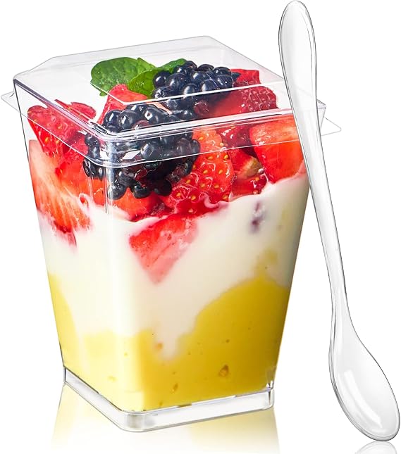 TOFLEN 50 Pack 5 oz Plastic Dessert Cups with Lids for Party, Mini Dessert Cups with Spoons Dessert Shooter Cups for Yogurt Parfait, Appetizer,