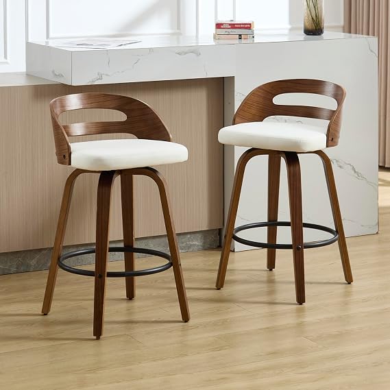 VipDesk 26" Swivel Bar Stools Set of 2, Mid-Century Modern Counter Height Chairs with Beige PU Leather, Curved Backrest & Footrest for Kitchen Island, Home Bar, Dining Room