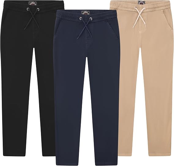 XS Apparel Twill Boys Joggers 3 Pack: Basic Slim Boys Cargo Pants, Boys Pants Drawstring Waist Casual Boys Dress Pants (8-20)