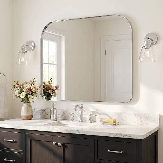 ANDY STAR 36x30 Polished Chrome Bathroom Vanity Mirror, Asymmetrical Soft Arch Rectangle Wall Mirror, Rust-Resistant Slim Stainless Steel Frame, Sleek 1-Inch Depth, Modern for Bathroom, Living Room