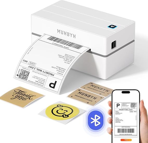 MUNBYN Shipping Label Printer Bluetooth, Postage Thermal Label Printer 4x6 for Business, Compatible with Etsy, Shopify, Royal Mail, DHL, DPD, Evri, with 25 Labels, 130B, White