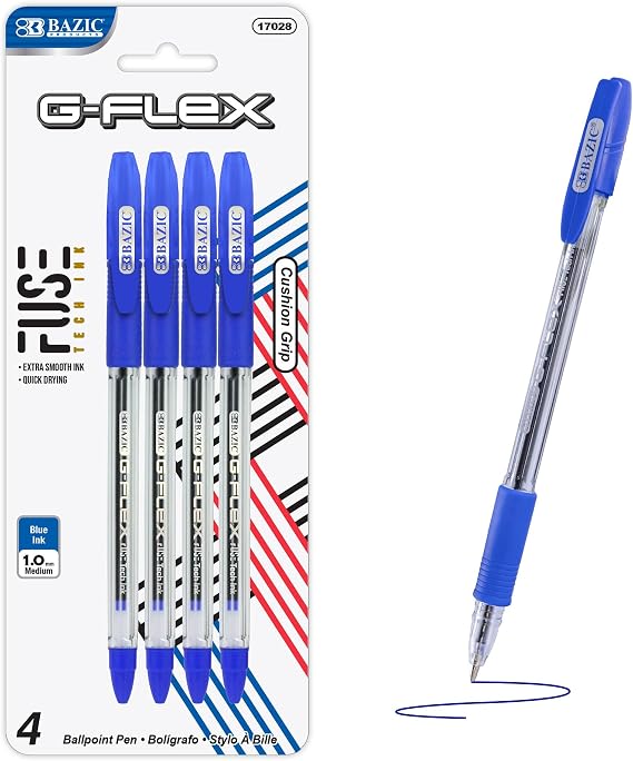 BAZIC Oil Gel Ink Pen, G-Flex Blue Color, 0.7 mm Medium Point, Soft Grip Smooth Writing, for Office School (4/Pack), 1-Pack