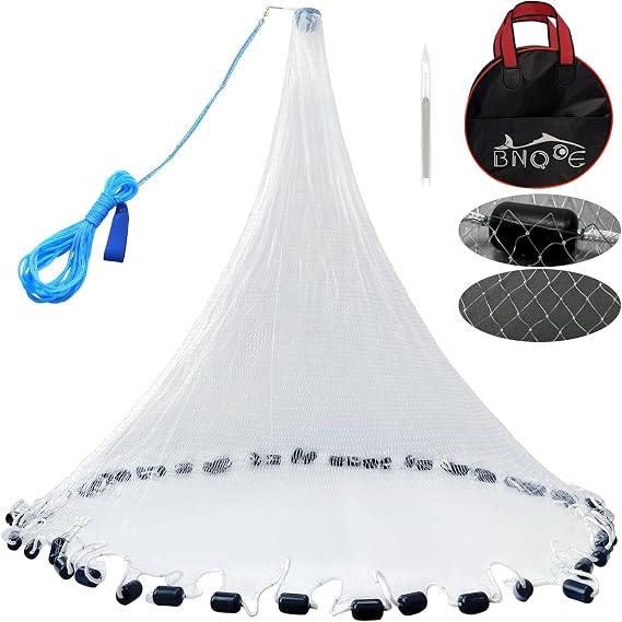 Fishing Cast Net Saltwater Casting Net 3/8 Mesh with Heavy Duty Black Weights Monofilament Throw Nets for Fishing Bait with Bag 4FT 5FT 6FT 8FT 10FT 12FT Radius