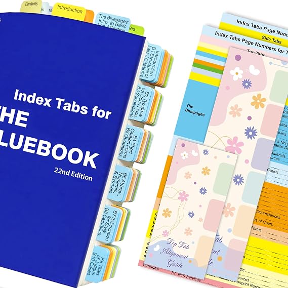 Index Tabs for The Bluebook 22nd Edition, Complete Book Tabs Set (Book not Included), 90 Color-Coded Tabs for Every Section, Laminated & Waterproof & Repositionable