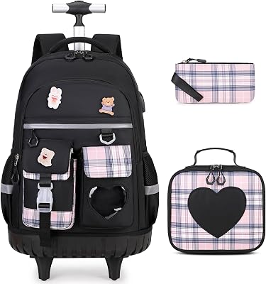 Rolling Backpack for Girls - Roller Wheels School Bookbag with Lunch Bag & Pencil Pouch for Teen Girls Kids Wheeled Suitcase Backpacks, Elementary Middle School Travel Daypack Black