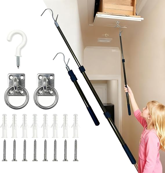 Attic Pull Down Hook Kit, Attic Ladder Pull Down Hook, 48-Inch Extendable Attic Pull Down System with Stainless Steel Pulling Ring, Ergonomic Handle, Durable Aluminum Alloy Design for Easy Access