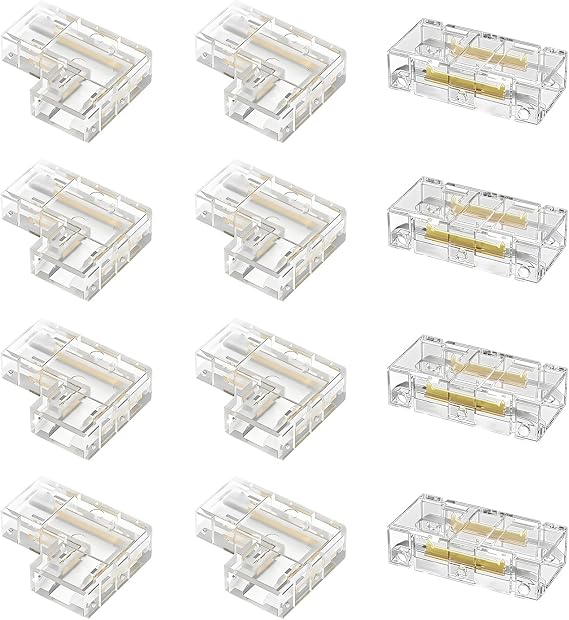 12Pcs 2 Pin LED Strip Light Connectors, 8mm LED L-Shape Strip Connector Kit with 4 Pcs Solderless Gapless Strip Connector Block 8 PCS L Shape Fixed Buckle Adapters for Multicolor RGB LED Strips [Energy Class A]