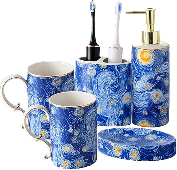 Blue Ceramic Bath Accessory Set Hand Paint Soap Dispenser, Toothbrush Holder, Toothbrush Cup, Soap Dish ,Blue,5pcs