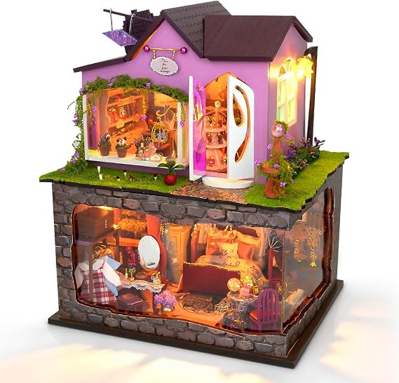 Cuteefun Miniature DIY Dolls House Kit, with Dust Cover & LED, 1:24 Scale