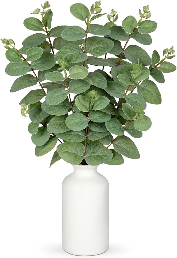 41CM Artificial Eucalyptus Plant with Ceramic Vase 16.1" Fake Plant Faux Eucalyptus Stems in Vase Decorative Artificial Green Plant for Home Living Room Bedroom Office Wedding Decorations