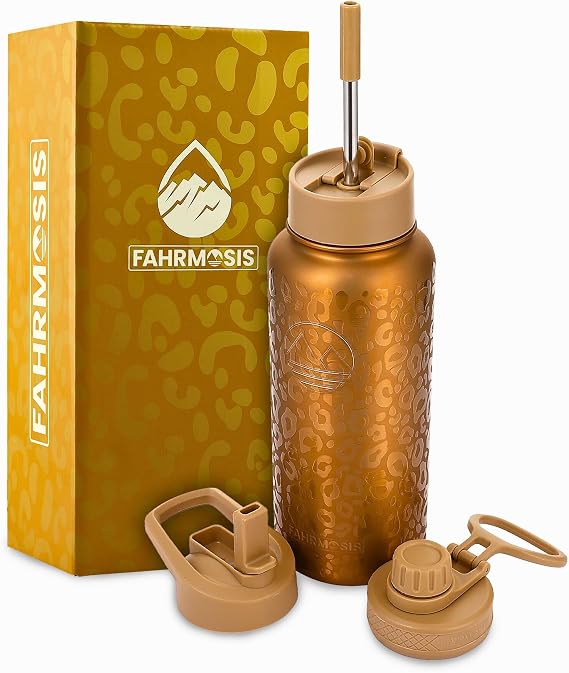 FAHRMOSIS 32 Oz Water Bottle with Straw Stainless Steel Sports Water Bottle with 3 Lids (Straw, Chug & Flip Lid) 1 Liter Leak Proof Insulated Metal Jug for Men & Women - Gold Leopard