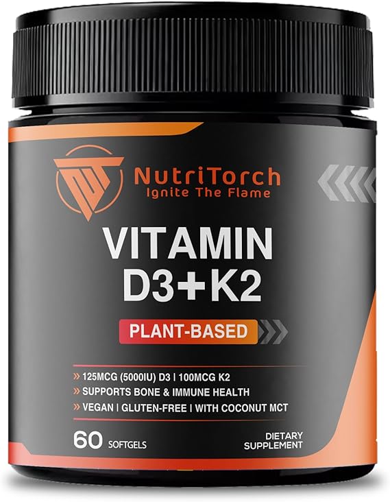 Vitamin D3 + K2 Plant-Based Supplement, 5000 IU D3, 100mcg K2, 60 Softgels, Vegan, Gluten-Free with Coconut MCT for Bone & Immune Health