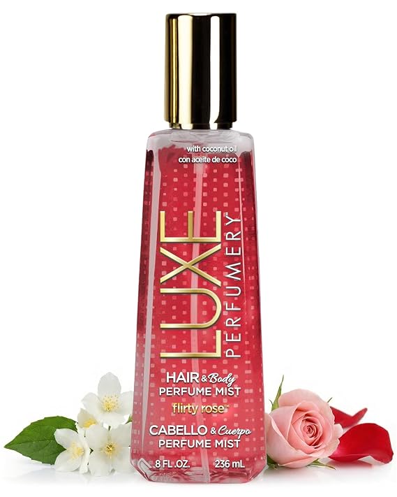 Luxe Perfumery Flirty Rose Hair & Body Perfume Mist Romantic Floral with Bergamot, Damask Rose & Vanilla Hydrating Coconut Oil & Glycerin, Lightweight Daily Mist for Women, 8 Fl Oz