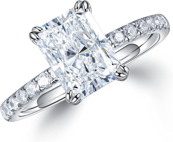 MOOSEA 2ct Radiant Cut Moissanite Rings for Women, D Color VVS1 Clarity Lab Created Diamond Rings 14K White Gold Vermeil Double Claw Moissanite Engagement Rings for Women Wife Girlfriend Gifts
