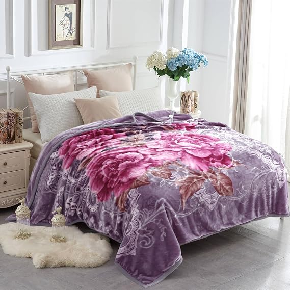 JYK Queen Size Faux Mink Fleece Blanket, 2 Ply 520GSM 5LB Blanket 75"x87" | Korean Style Reversible A&B Florals Printed, Silky Soft Plush Warm Blanket for Autumn Winter, Light Purple Peony/Peony
