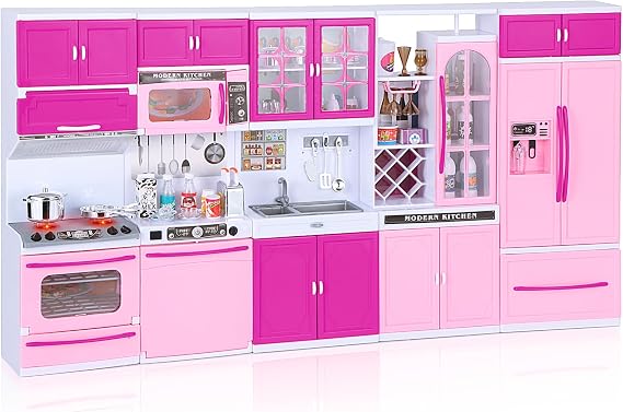 Mastom Kitchen Playset for Girls, Play Kitchen Toys for Dolls with Realistic Lights & Sounds, 56PCS Kids Pretend Play Kitchen Toy Accessories, Gifts for Girls 3 4 5 6 Year Old