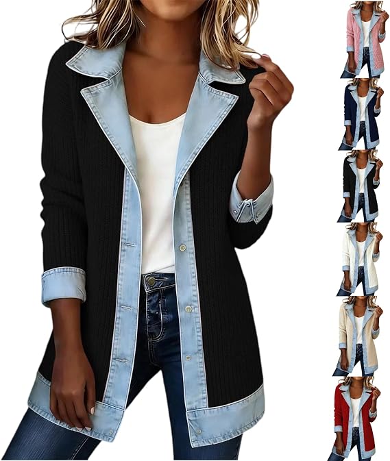 Denim Blazer for Women Patchwork Collared Loose Button Down Workout Long Sleeve 2026 Casual Jacket Outfits Corduroy Shirts