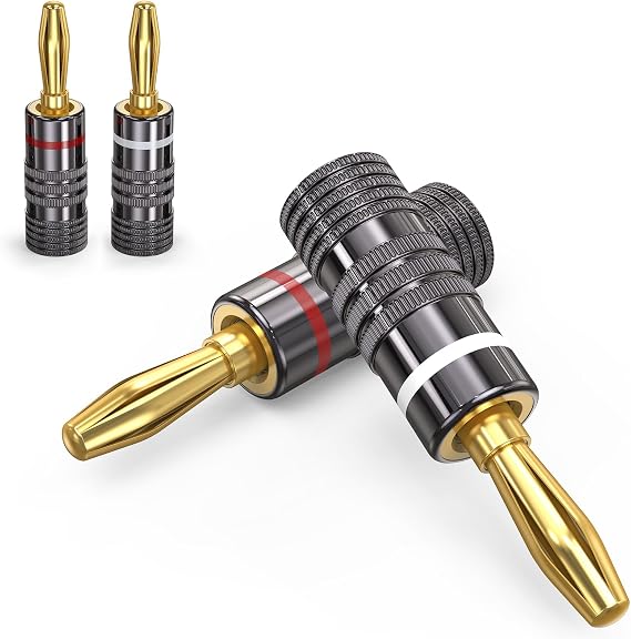 2-Pairs/4-PCS Banana Plugs, Gold Plated Banana Plugs Connectors for Speaker Wire Compatible with Wall Plate, Audio/Video Receiver, Amplifier, Home Theater, Sound System (Red + White)