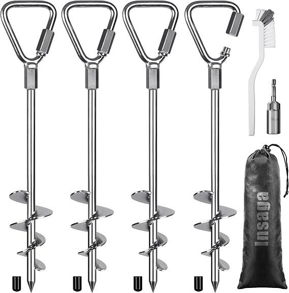 Insaga Ground Anchor, 4pcs Heavy Duty Tent Peg Trampoline Earth Stake Strong Storm Spiral Screw Spike for Garden Swing/Camping/Canopy/Shed/Dog/Carport with Carabiner Lockset, Inverted Triangle/44cm
