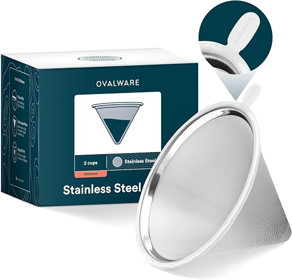 OVALWARE Upgraded Pour Over Coffee Filter with Silicone Tab | Reusable | Paperless Cone Dripper, No Waste, Dishwasher Safe & Easy to Maintain | Fits Chemex, Hario & Any Standard Brewing Vessel