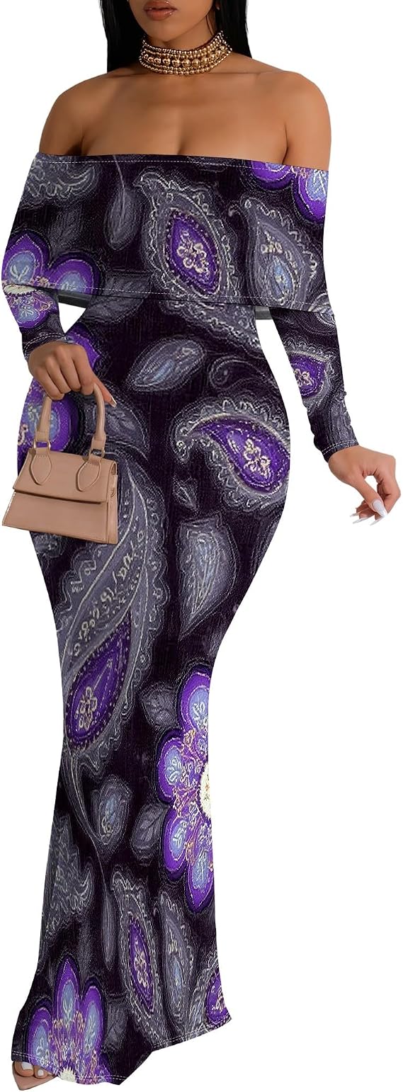Summer Backless Off Shoulder Dress for Women Long Sleeve Flowy Hem Floor Length Sundress