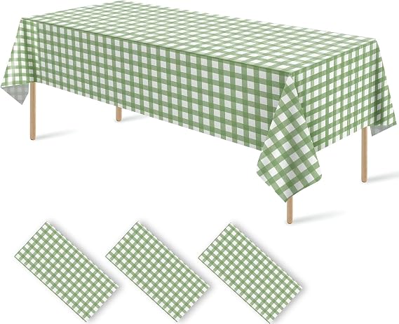 Docoper Sage Green Gingham Disposable Tablecloth 3 Pack Plastic Checkered Table Cover, Buffalo Plaid Rectangle Party Tablecloth for Picnic Shower Birthday Wedding BBQ Party Supplies 54 x 108 Inch