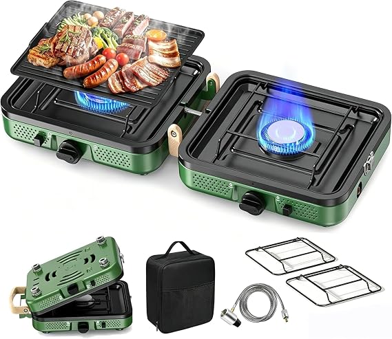 2Burner Camping Stove,10000 BTU Portable Folding Propane Gas Camp Stove, Grill Plate Excluded