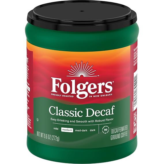 Folgers Decaf Coffee, Ground Coffee, Classic Medium Roast, 9.6 Ounce Canister