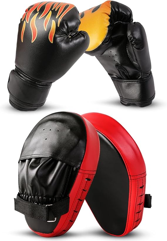Odoland 2-in-1 Kids Boxing Gloves and Punching Mitts Set, Boxing Mitts Focus Pads, Youth Boxing Fight Gloves Equipment for Taekwondo, Kickboxing, Karate, Muay Thai, MMA Training